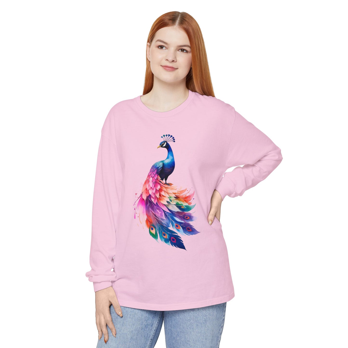 Vibrant Peacock Unisex Garment-dyed Long Sleeve T-Shirt
