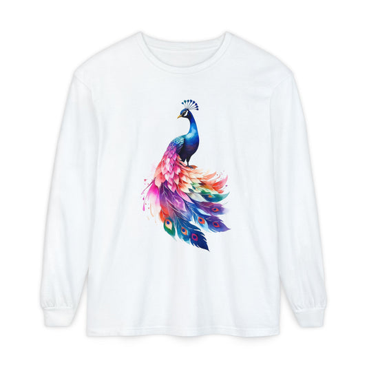 Vibrant Peacock Unisex Garment-dyed Long Sleeve T-Shirt