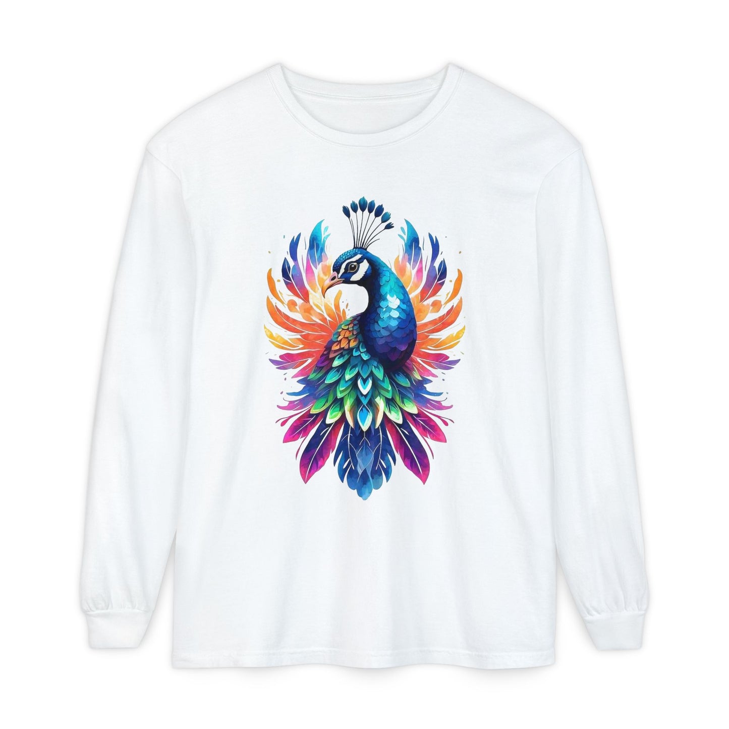 Vibrant Peacock Unisex Garment-dyed Long Sleeve T-Shirt