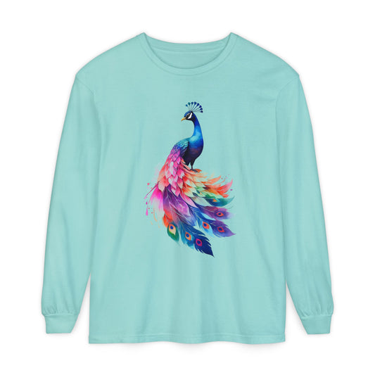 Vibrant Peacock Unisex Garment-dyed Long Sleeve T-Shirt