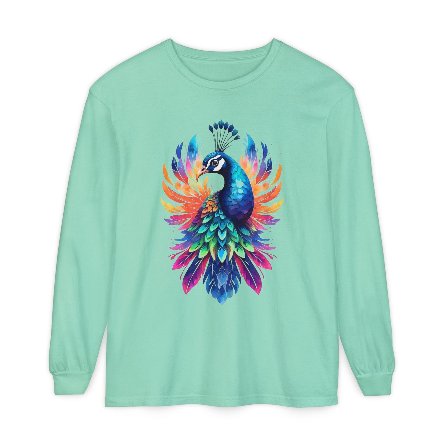 Vibrant Peacock Unisex Garment-dyed Long Sleeve T-Shirt