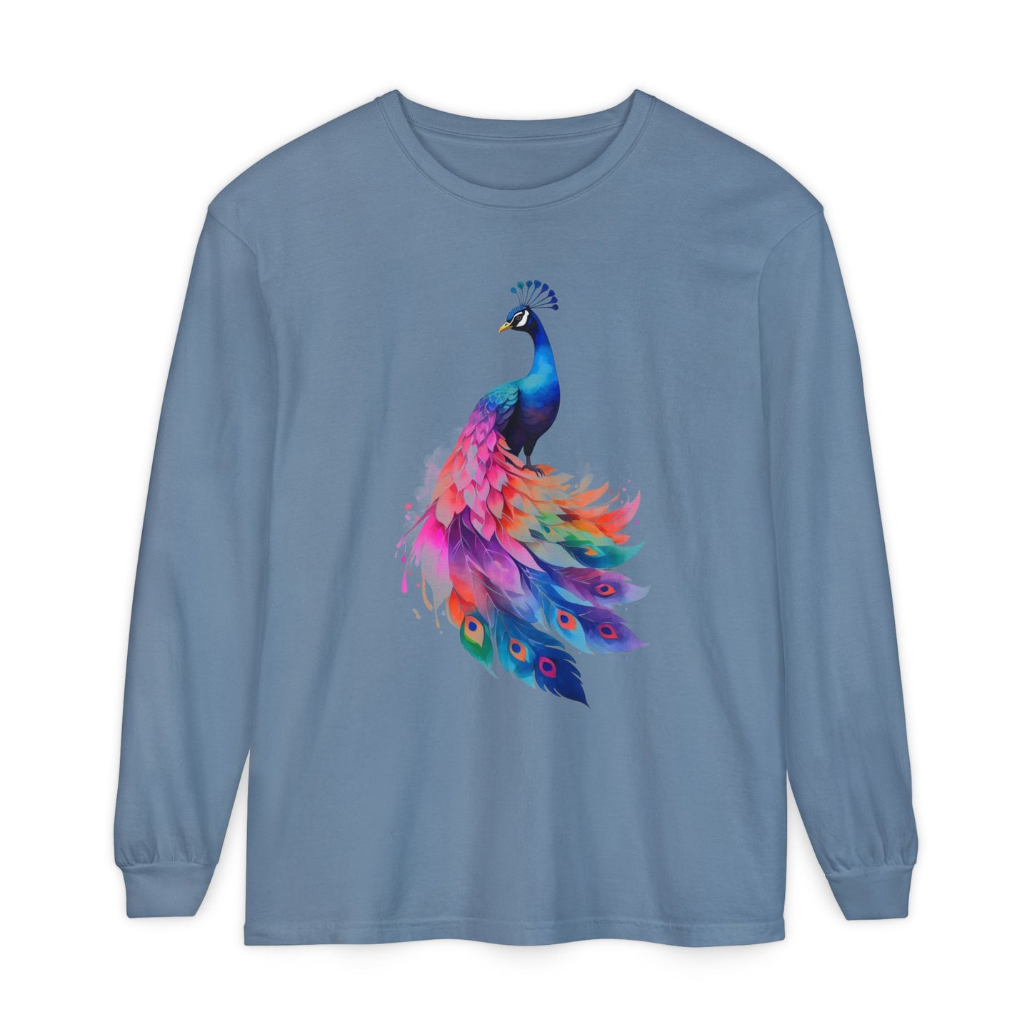 Vibrant Peacock Unisex Garment-dyed Long Sleeve T-Shirt