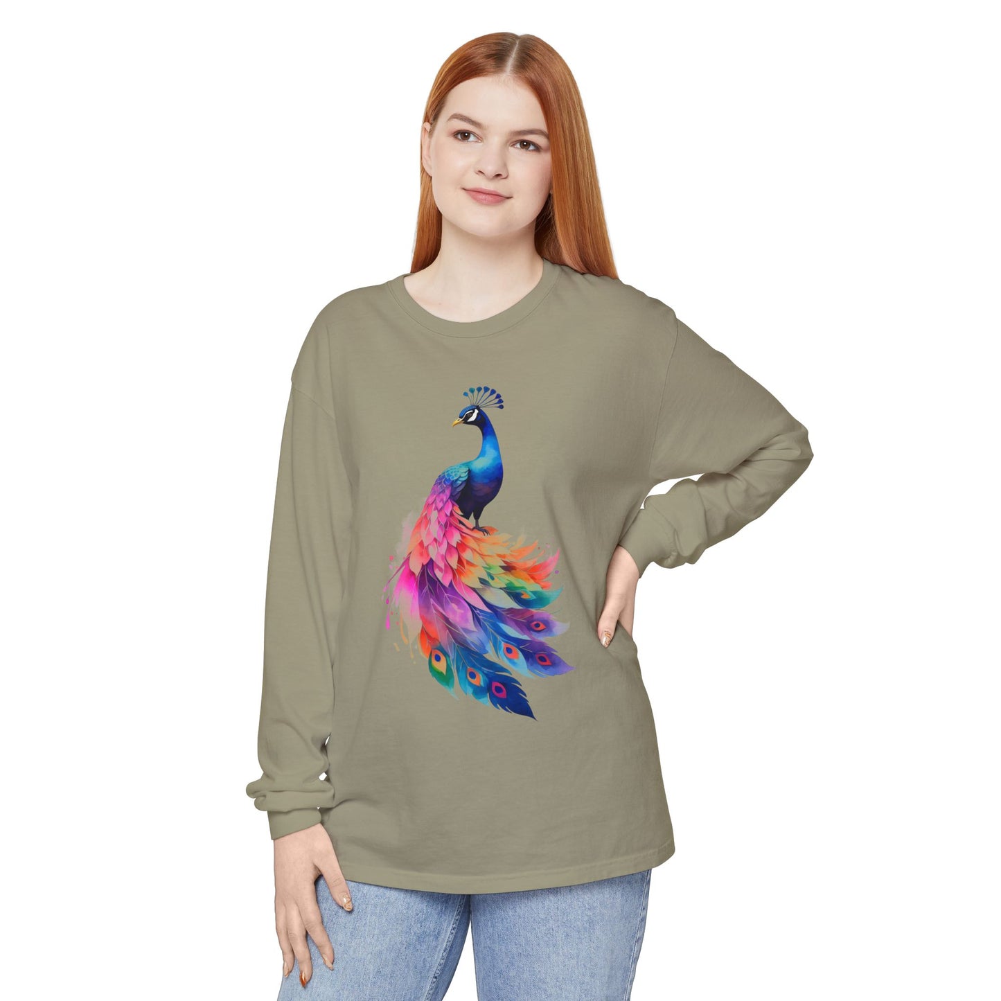 Vibrant Peacock Unisex Garment-dyed Long Sleeve T-Shirt