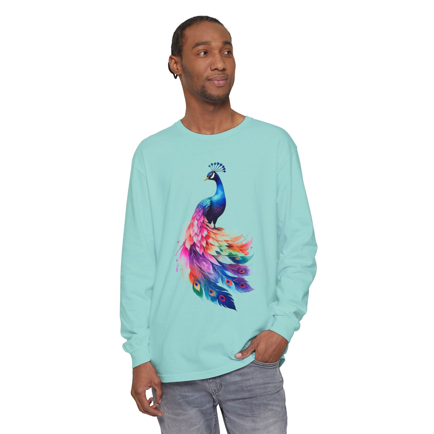 Vibrant Peacock Unisex Garment-dyed Long Sleeve T-Shirt