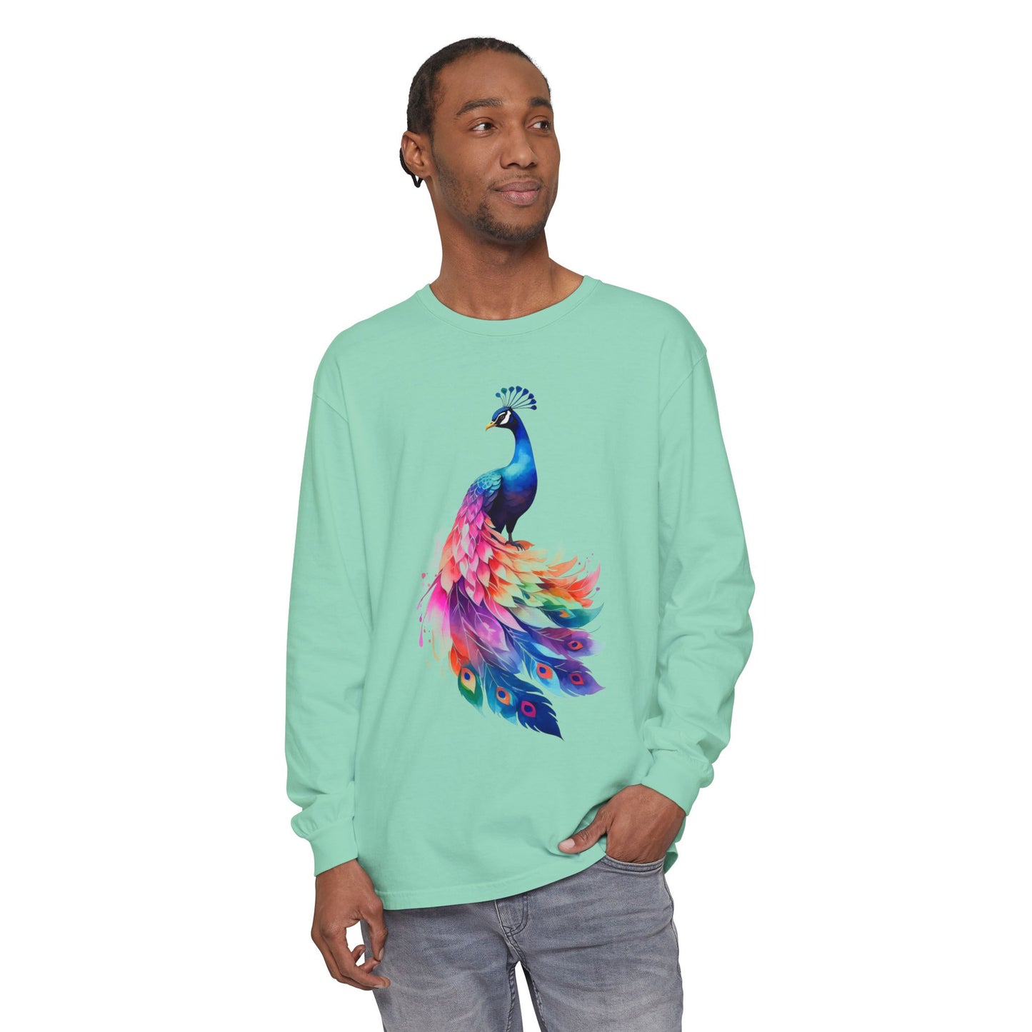 Vibrant Peacock Unisex Garment-dyed Long Sleeve T-Shirt
