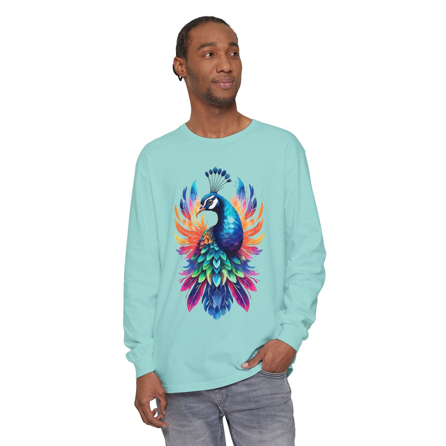 Vibrant Peacock Unisex Garment-dyed Long Sleeve T-Shirt