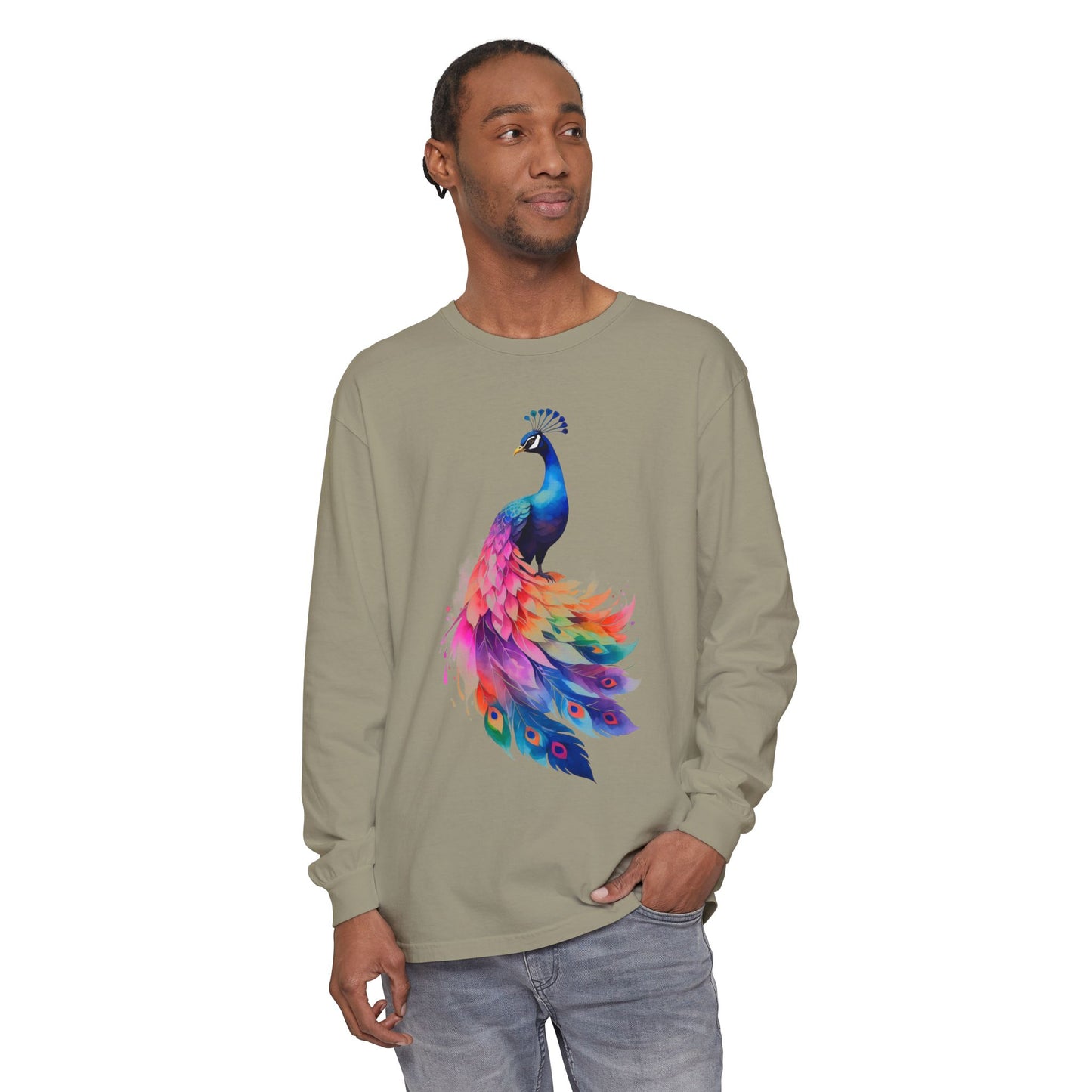 Vibrant Peacock Unisex Garment-dyed Long Sleeve T-Shirt