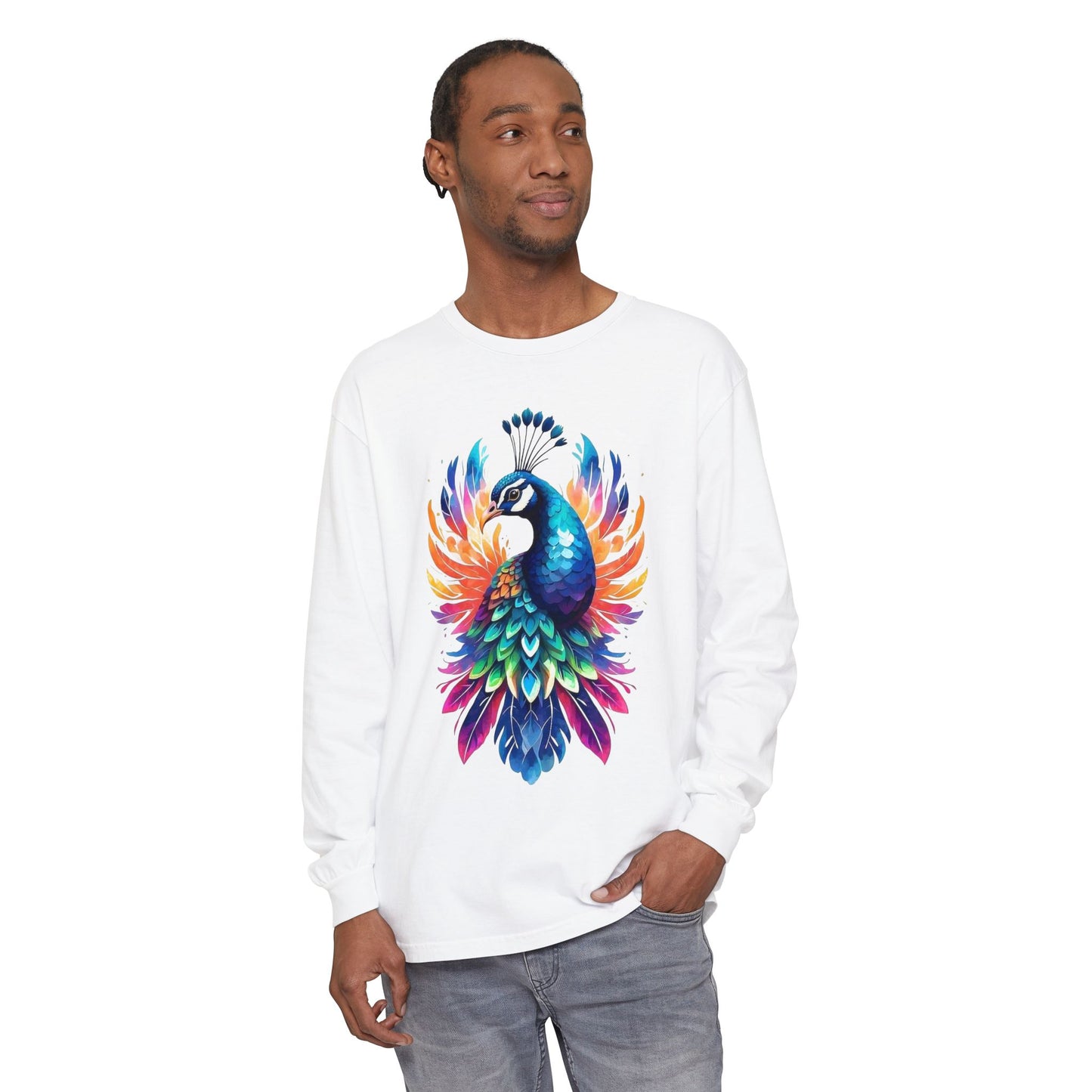 Vibrant Peacock Unisex Garment-dyed Long Sleeve T-Shirt