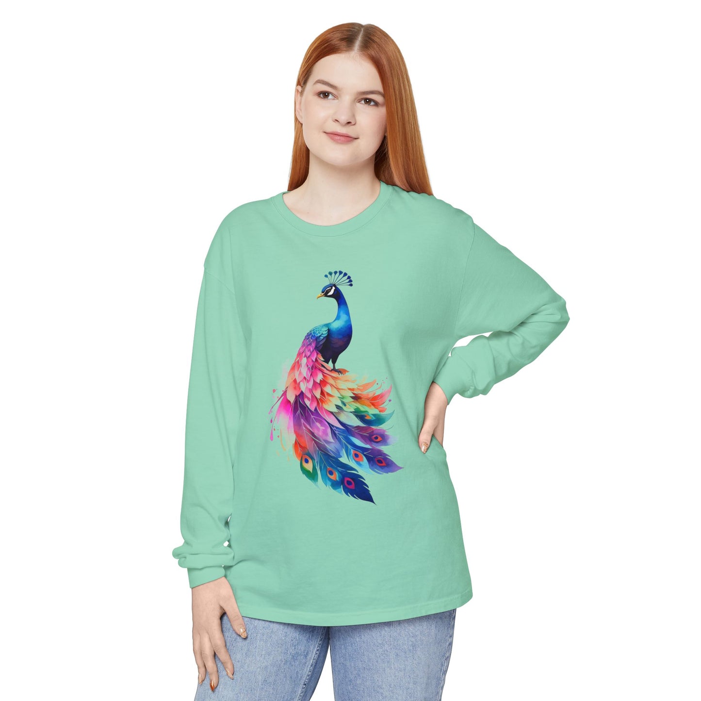 Vibrant Peacock Unisex Garment-dyed Long Sleeve T-Shirt