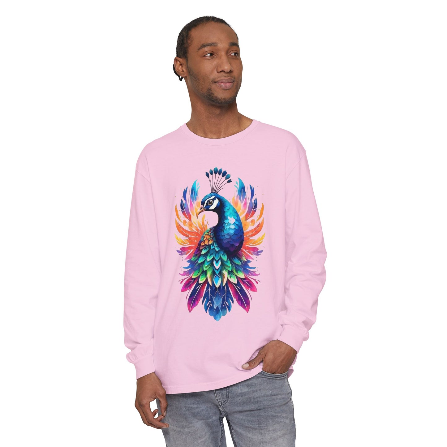 Vibrant Peacock Unisex Garment-dyed Long Sleeve T-Shirt