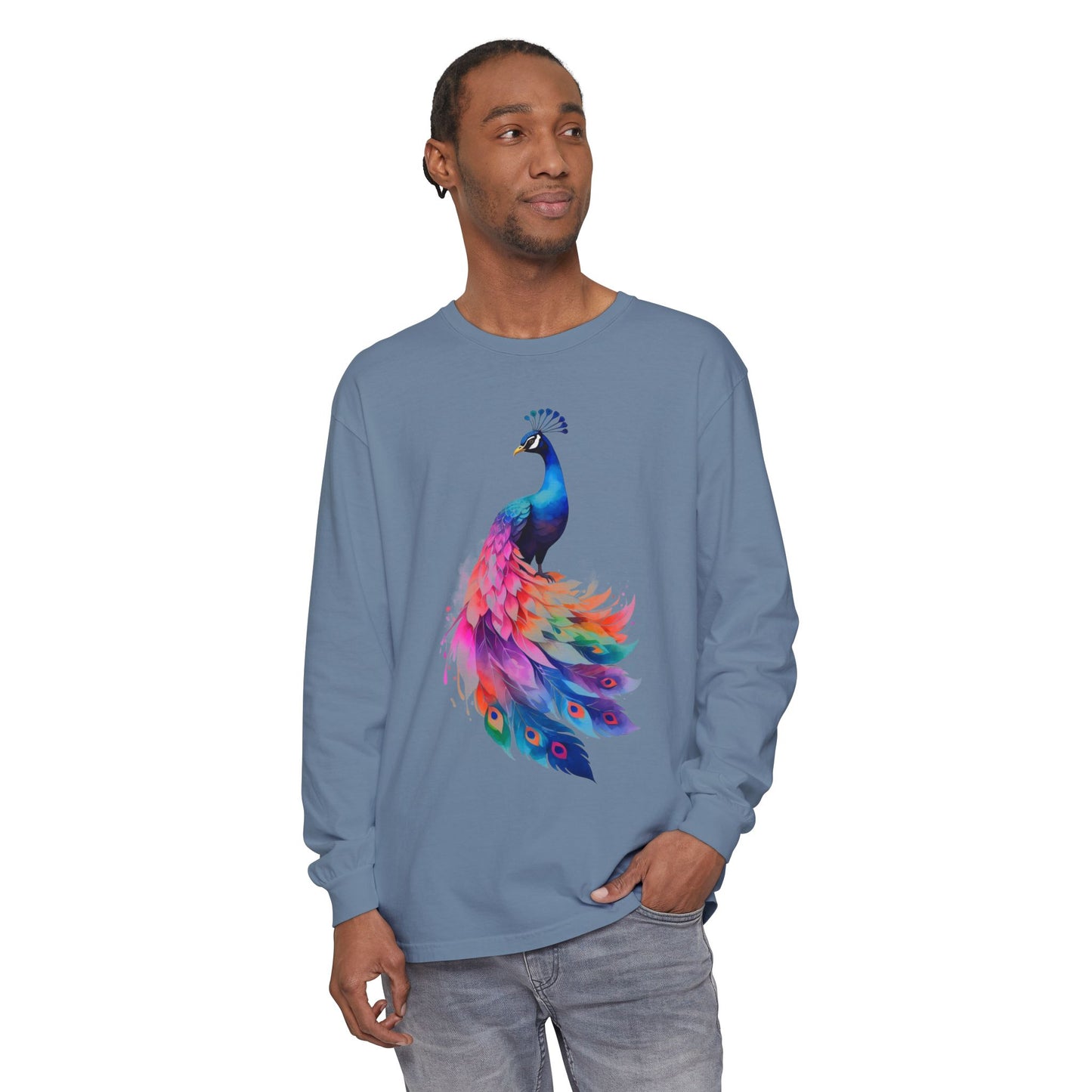 Vibrant Peacock Unisex Garment-dyed Long Sleeve T-Shirt