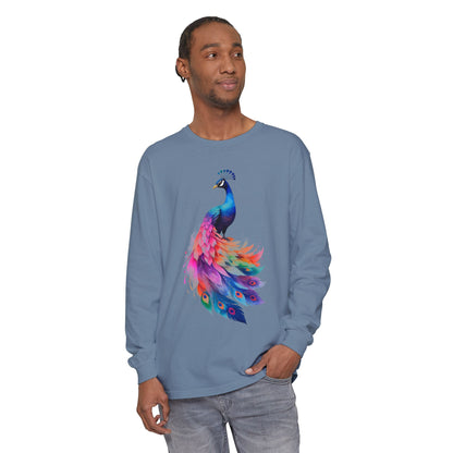 Vibrant Peacock Unisex Garment-dyed Long Sleeve T-Shirt