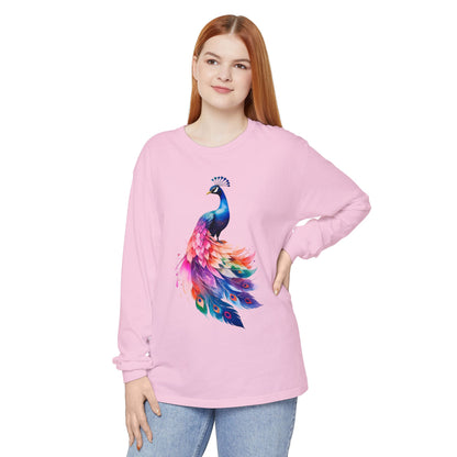 Vibrant Peacock Unisex Garment-dyed Long Sleeve T-Shirt