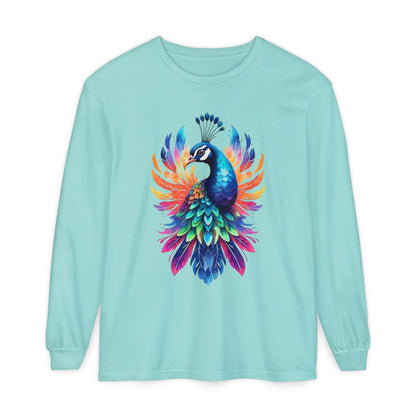 Vibrant Peacock Unisex Garment-dyed Long Sleeve T-Shirt