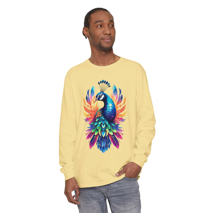 Vibrant Peacock Unisex Garment-dyed Long Sleeve T-Shirt