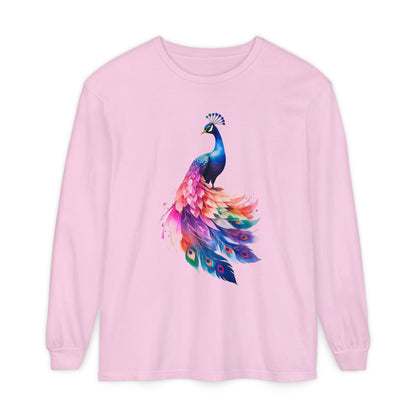 Vibrant Peacock Unisex Garment-dyed Long Sleeve T-Shirt