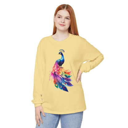 Vibrant Peacock Unisex Garment-dyed Long Sleeve T-Shirt