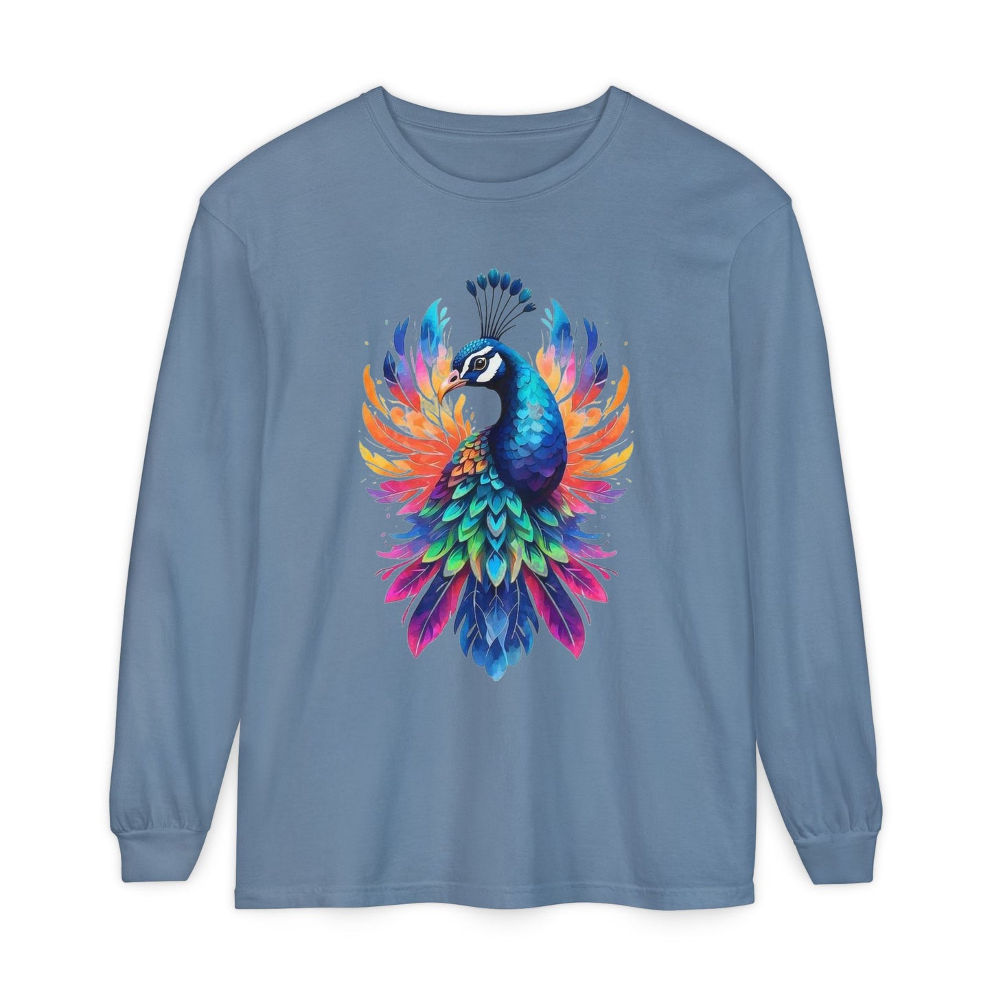 Vibrant Peacock Unisex Garment-dyed Long Sleeve T-Shirt