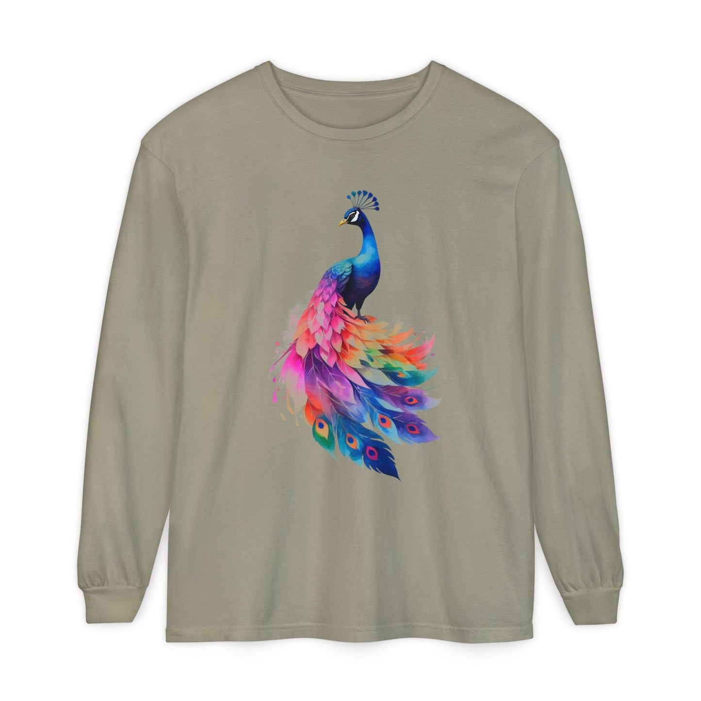 Vibrant Peacock Unisex Garment-dyed Long Sleeve T-Shirt