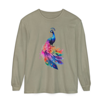 Vibrant Peacock Unisex Garment-dyed Long Sleeve T-Shirt