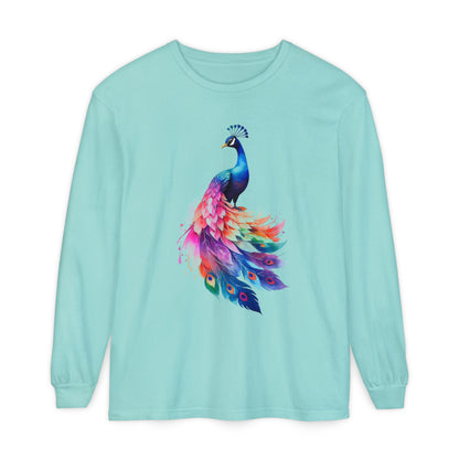 Vibrant Peacock Unisex Garment-dyed Long Sleeve T-Shirt