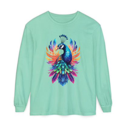 Vibrant Peacock Unisex Garment-dyed Long Sleeve T-Shirt