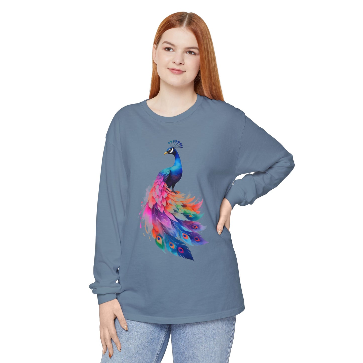 Vibrant Peacock Unisex Garment-dyed Long Sleeve T-Shirt