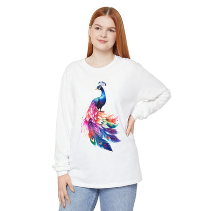Vibrant Peacock Unisex Garment-dyed Long Sleeve T-Shirt