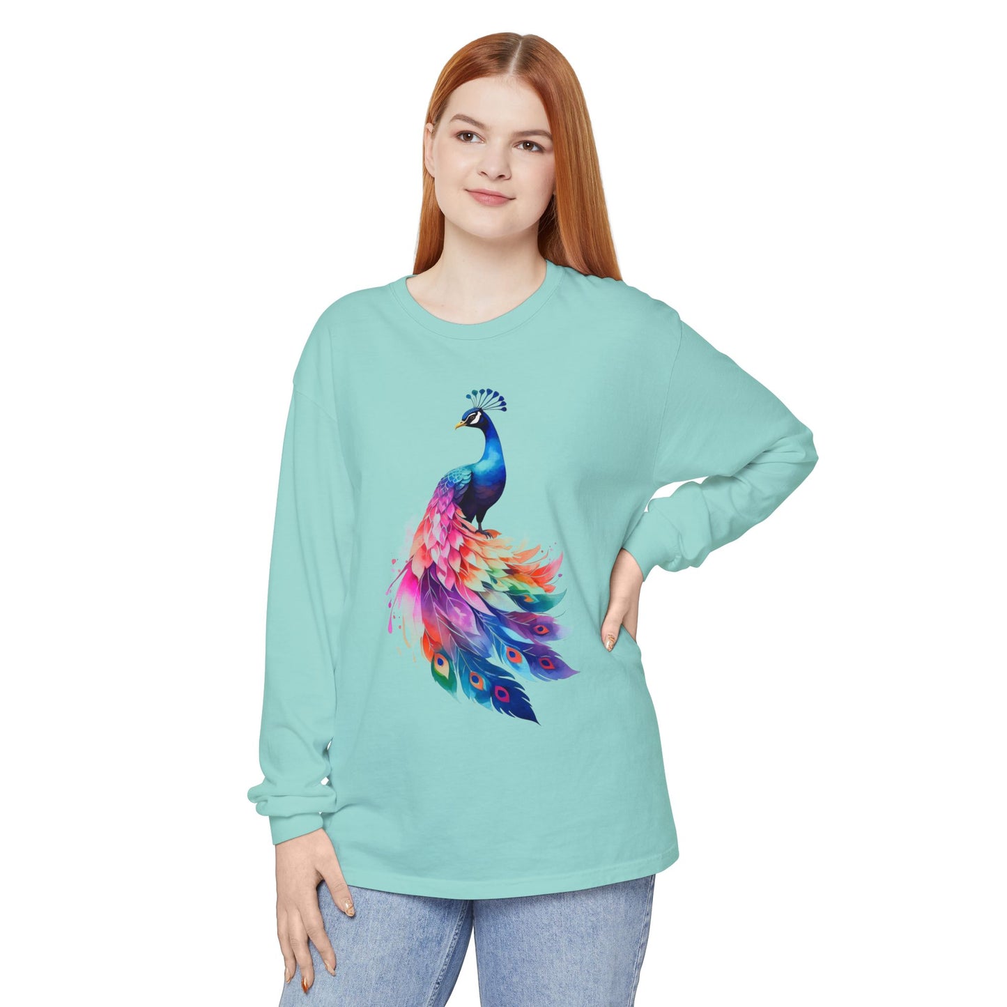 Vibrant Peacock Unisex Garment-dyed Long Sleeve T-Shirt