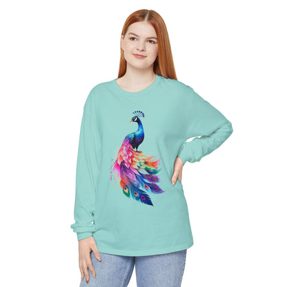 Vibrant Peacock Unisex Garment-dyed Long Sleeve T-Shirt