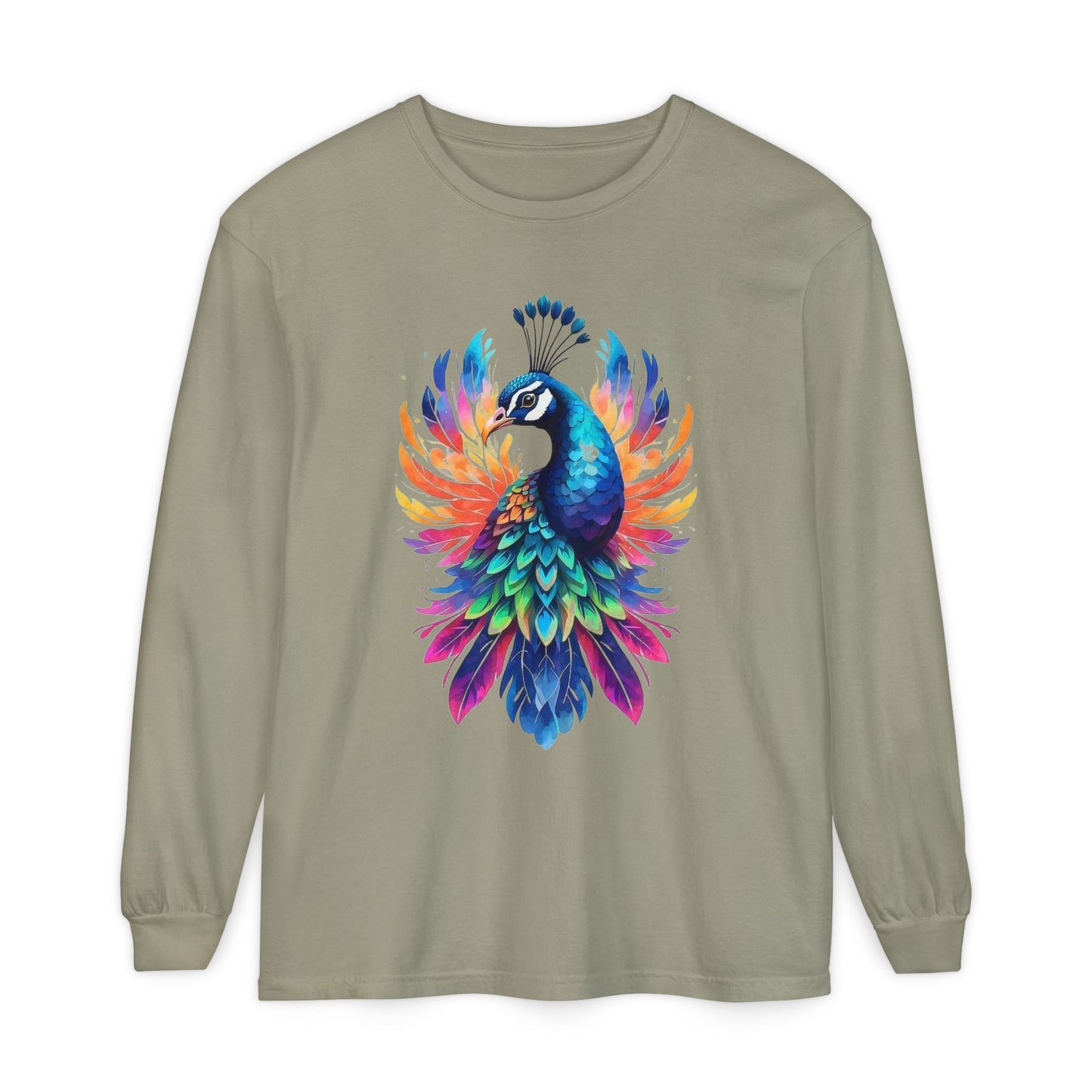 Vibrant Peacock Unisex Garment-dyed Long Sleeve T-Shirt