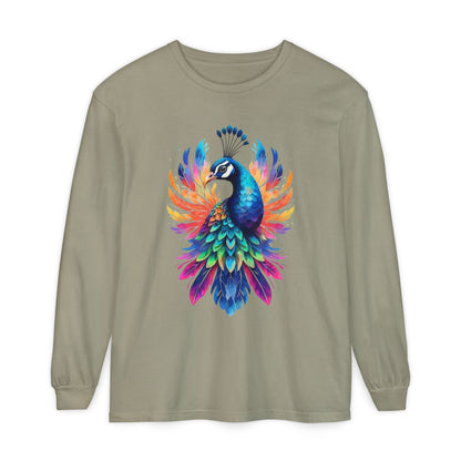 Vibrant Peacock Unisex Garment-dyed Long Sleeve T-Shirt