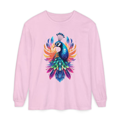 Vibrant Peacock Unisex Garment-dyed Long Sleeve T-Shirt