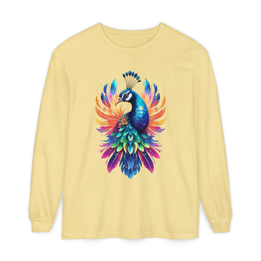 Vibrant Peacock Unisex Garment-dyed Long Sleeve T-Shirt