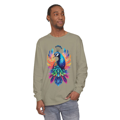 Vibrant Peacock Unisex Garment-dyed Long Sleeve T-Shirt