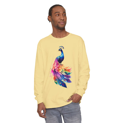 Vibrant Peacock Unisex Garment-dyed Long Sleeve T-Shirt