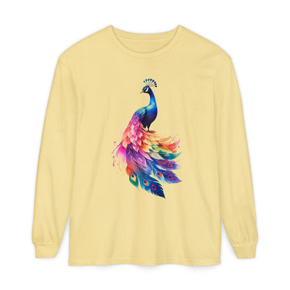 Vibrant Peacock Unisex Garment-dyed Long Sleeve T-Shirt