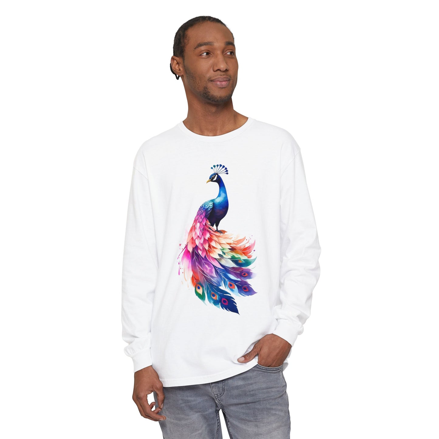 Vibrant Peacock Unisex Garment-dyed Long Sleeve T-Shirt