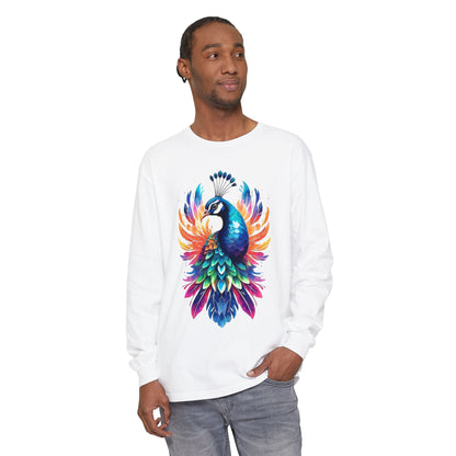 Vibrant Peacock Unisex Garment-dyed Long Sleeve T-Shirt