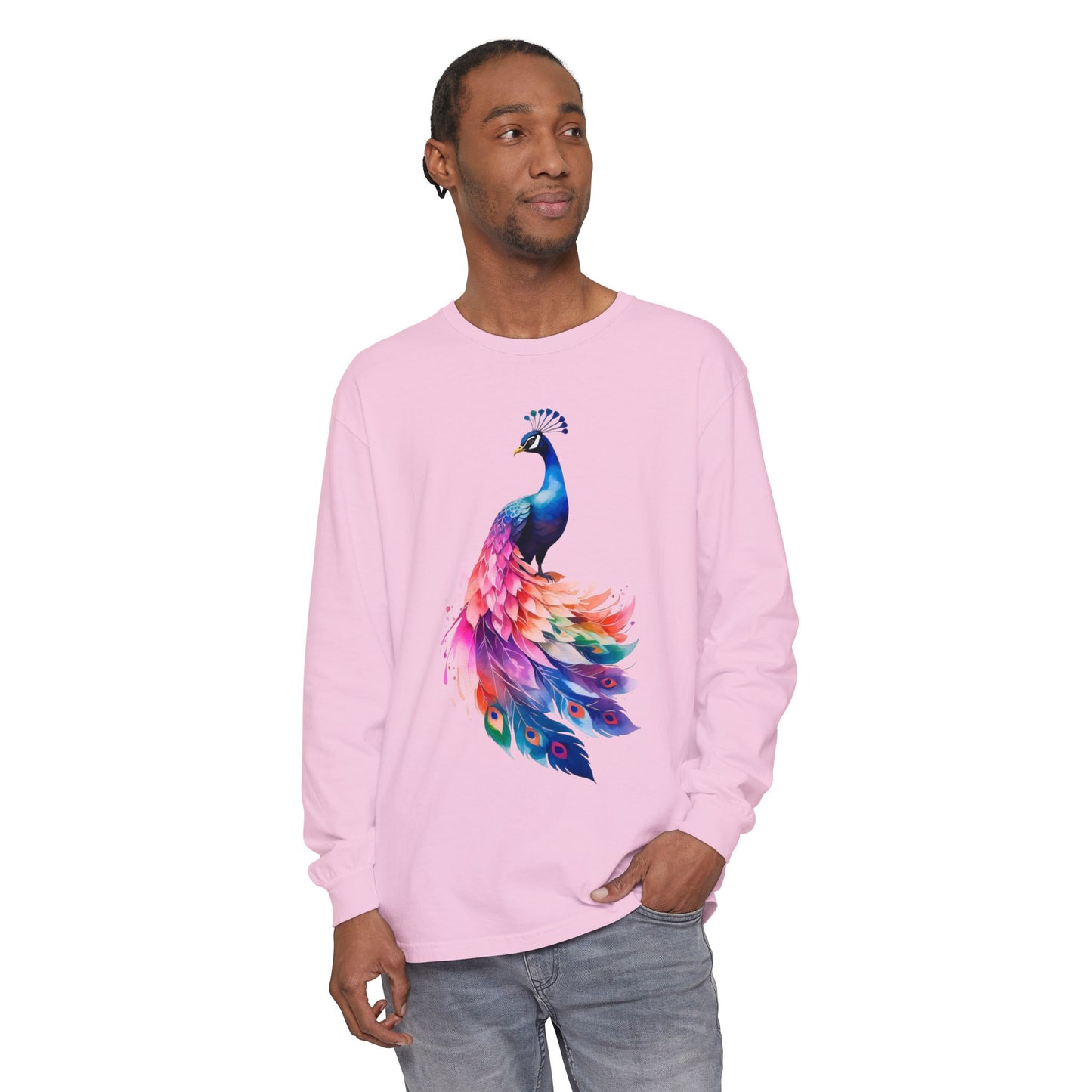 Vibrant Peacock Unisex Garment-dyed Long Sleeve T-Shirt