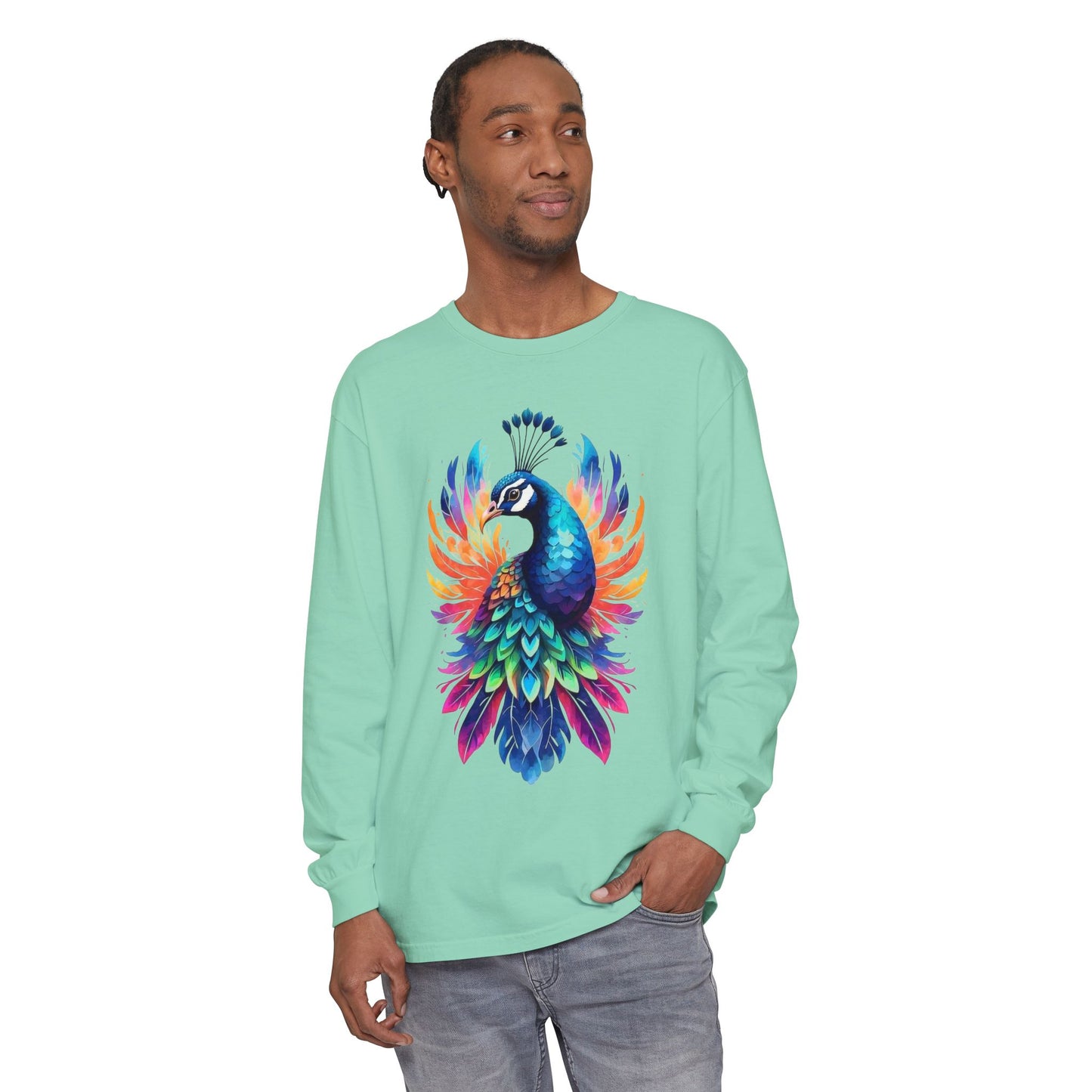 Vibrant Peacock Unisex Garment-dyed Long Sleeve T-Shirt