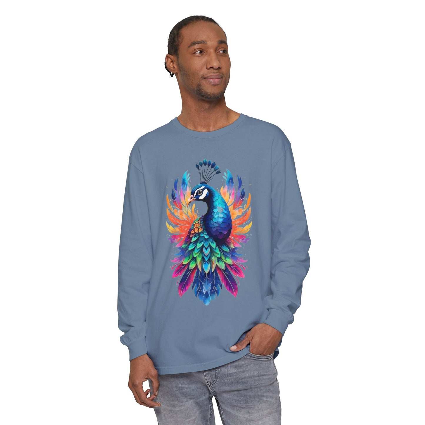 Vibrant Peacock Unisex Garment-dyed Long Sleeve T-Shirt